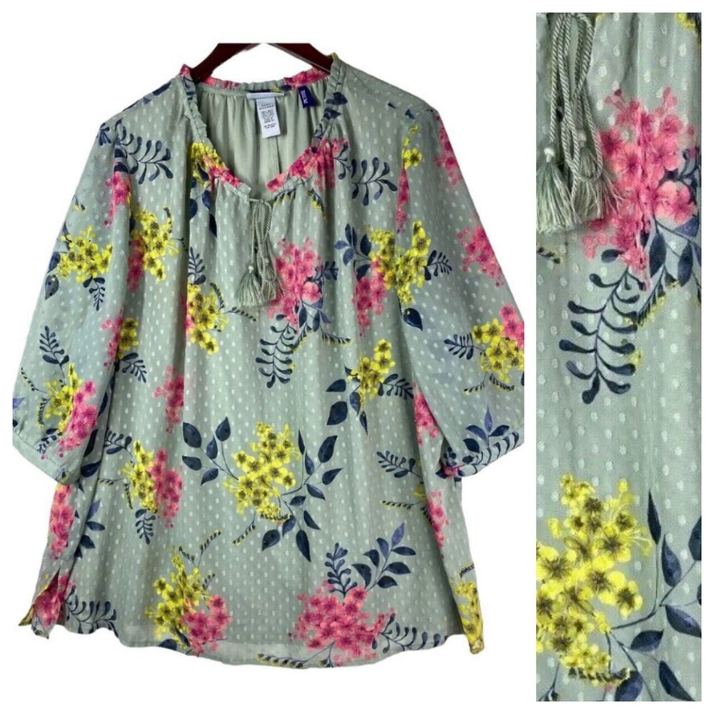 Catherines 2XWP 2X Petite 22 24 Top Tunic Shirt Green Floral Garden Swiss Dot